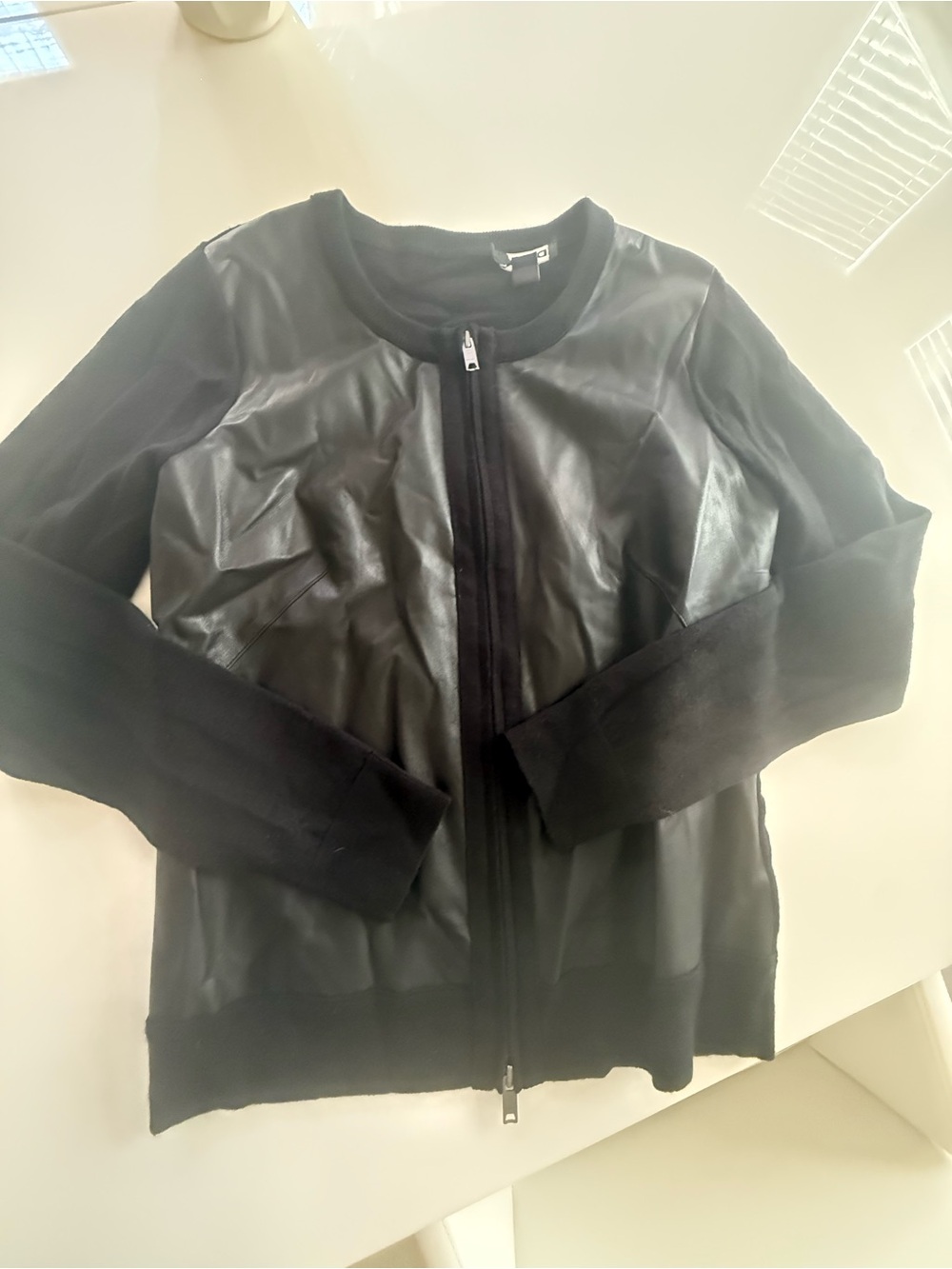 DKNY Black Faux Leather Front Zip Cardigan Jacket